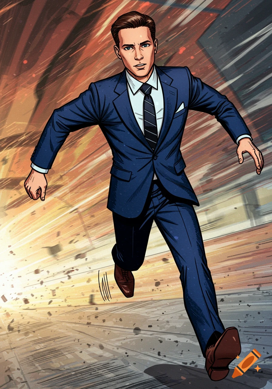 Comic book style illustration of a man in a suit running dynamically.