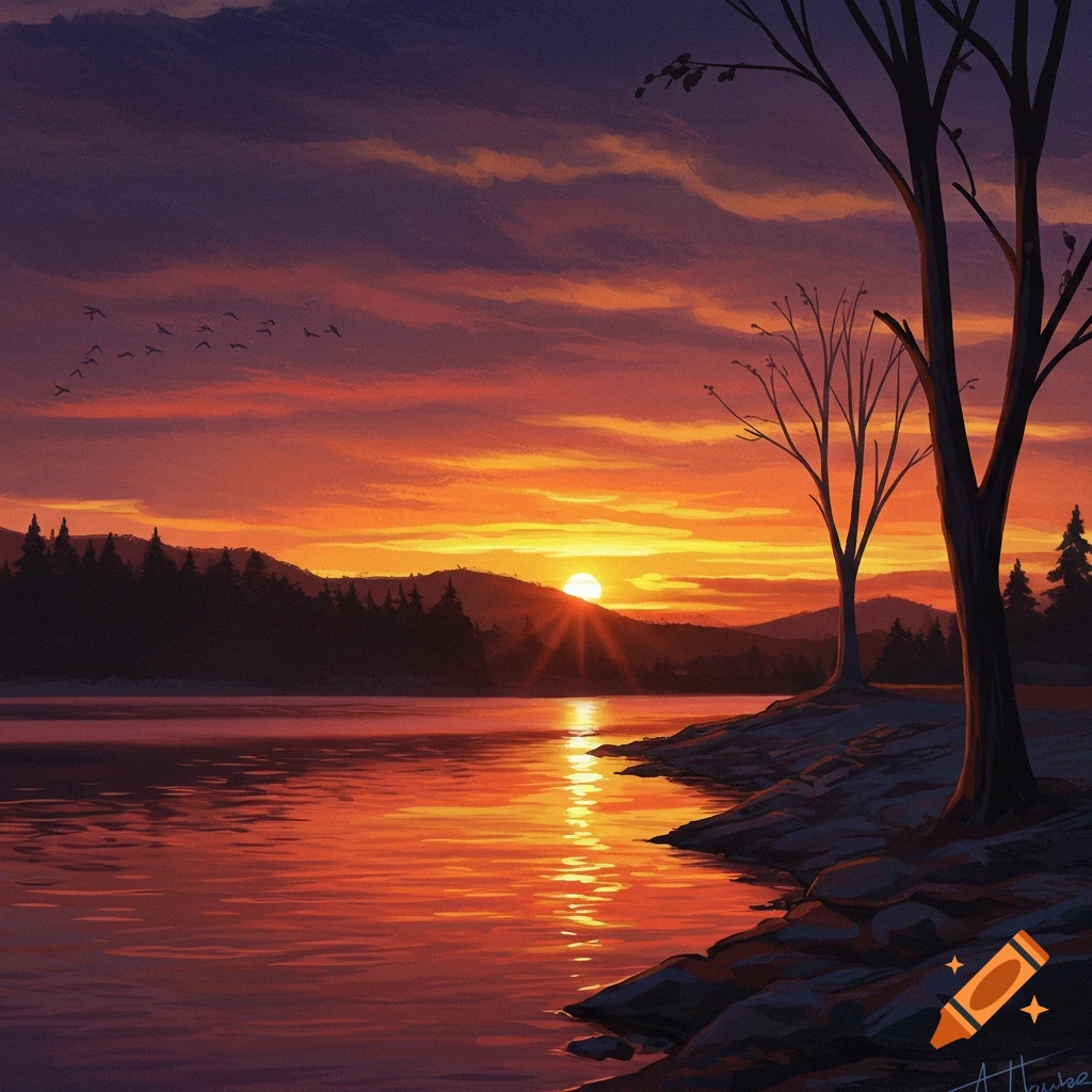 Sunset over a lake with trees silhouetted against the sky. Warm orange and yellow light reflects on the water.