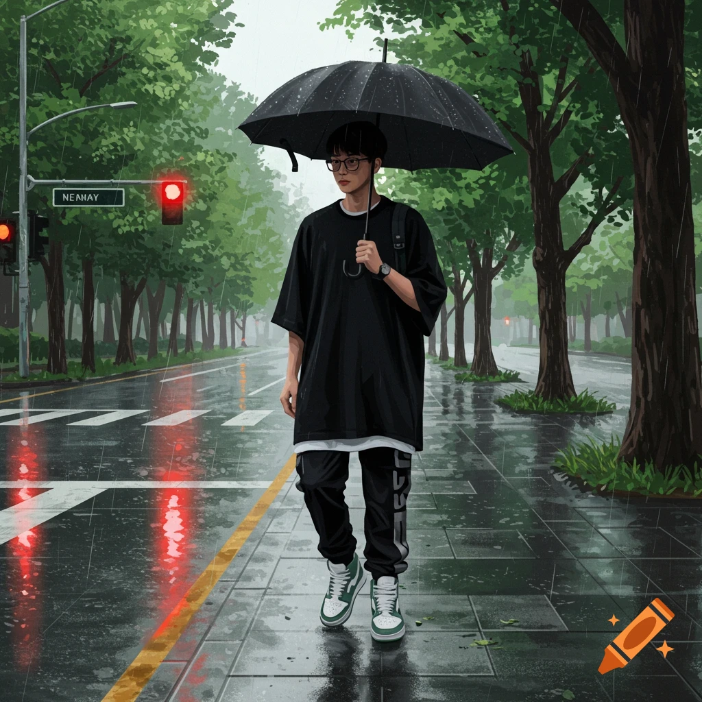Illustration of a person with an umbrella walking on a wet city street in the rain.