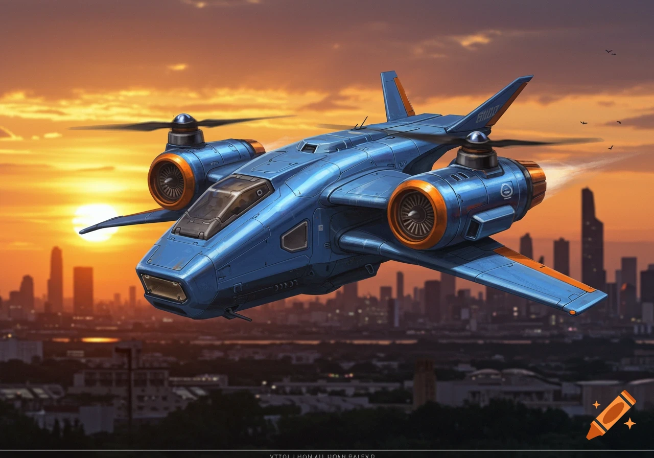 Blue futuristic VTOL aircraft flying over a city skyline at sunset, digital art.