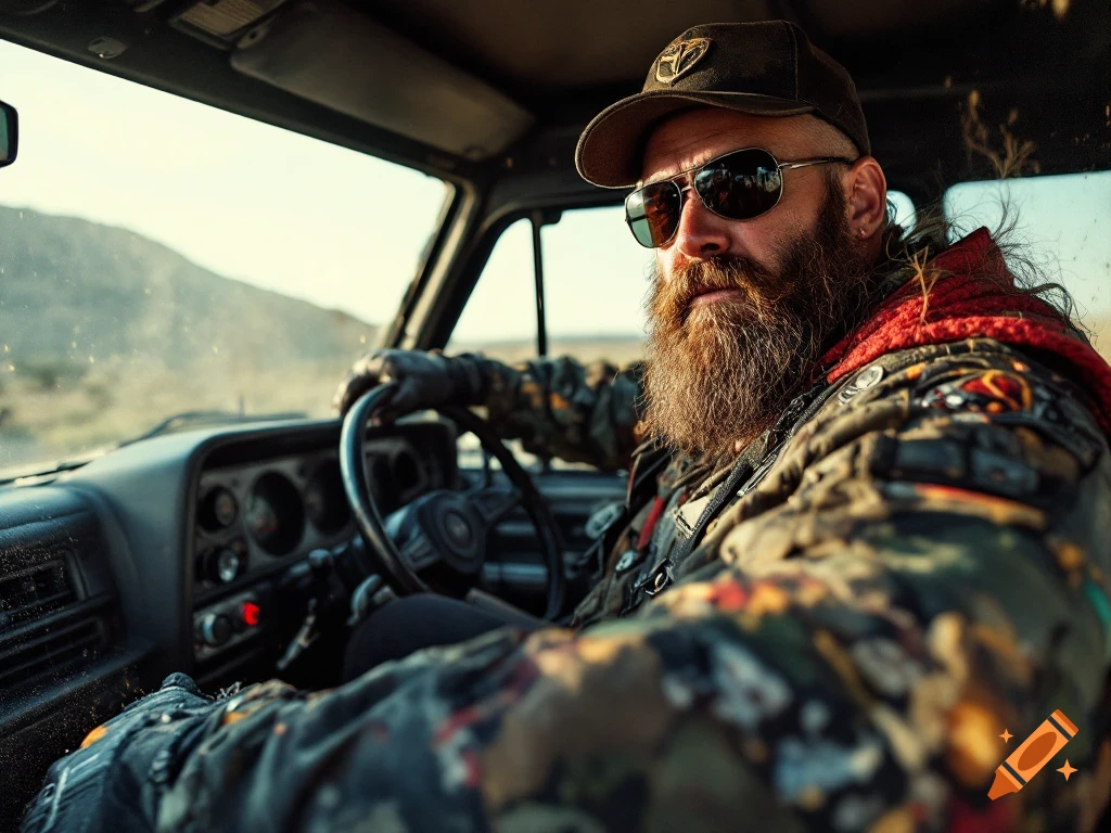 Man with beard and sunglasses driving off-road.