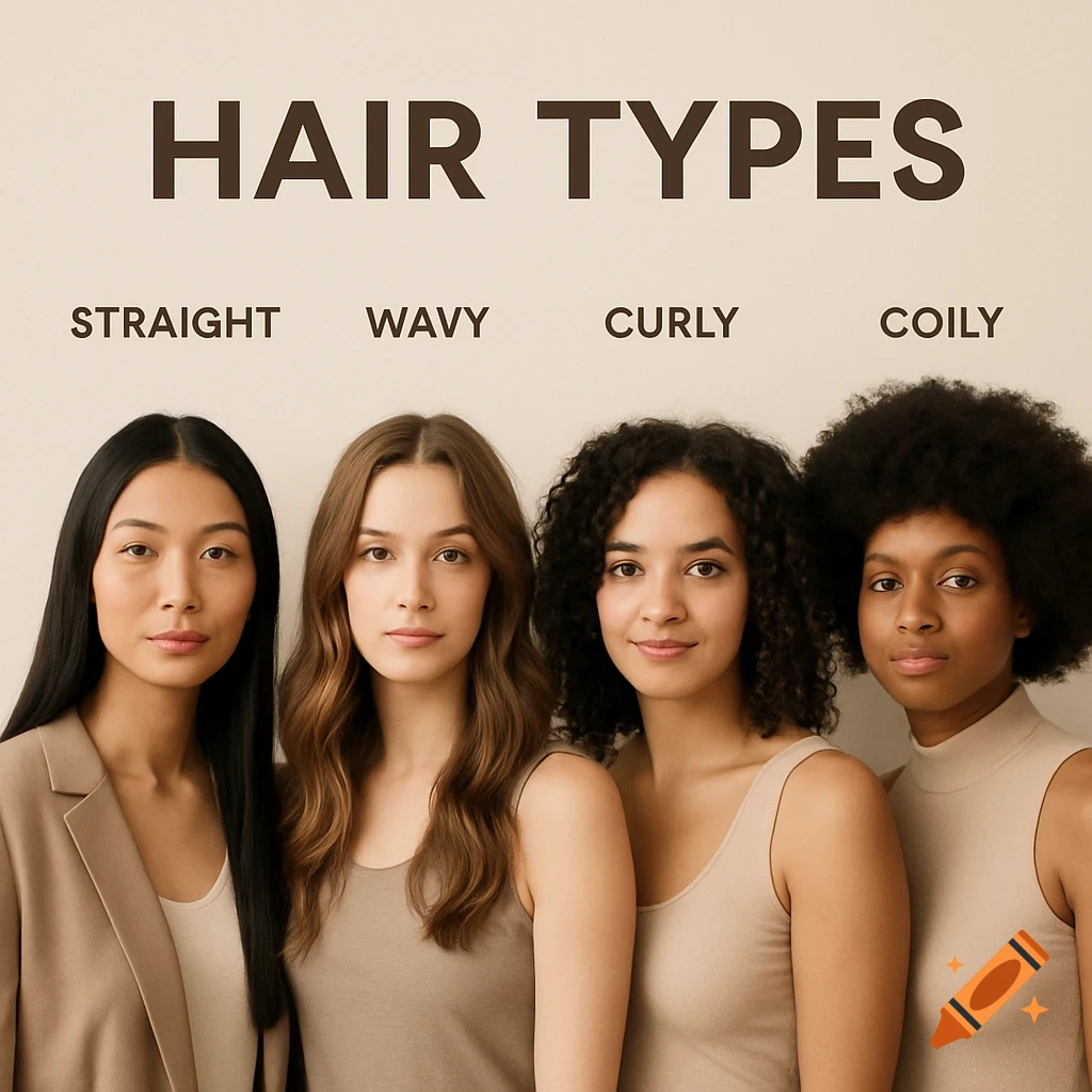 Four women demonstrating straight, wavy, curly, and coily hair types with labels.
