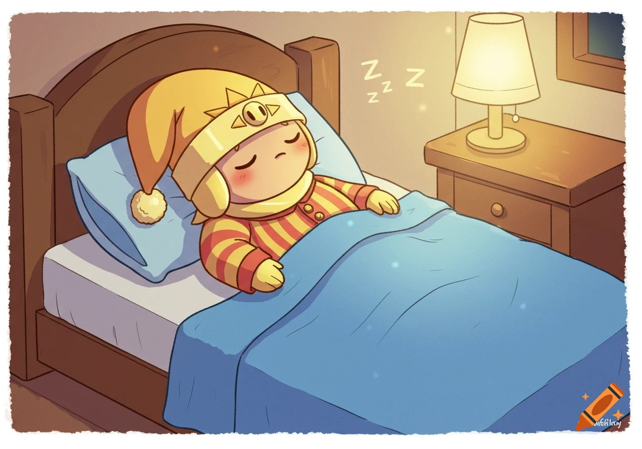 Cartoon character in yellow sleeping cap and red/yellow pajamas sleeping in bed under blue blanket with Zzz above head.