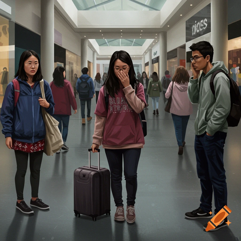 Young adults in a mall, one with a suitcase, others in the background. Painterly style.