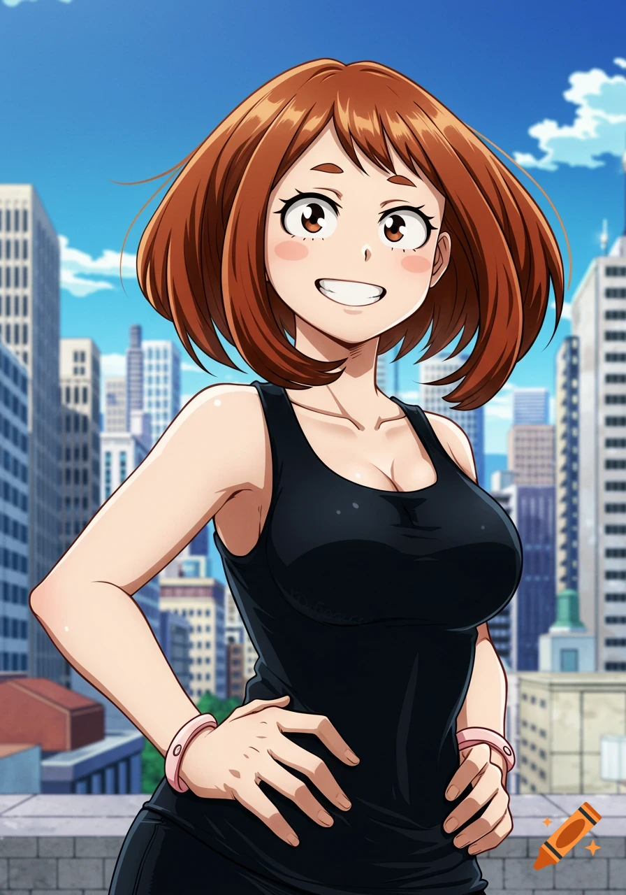 Ochako Uraraka from My Hero Academia in a black tank top stands against a cityscape in anime style.