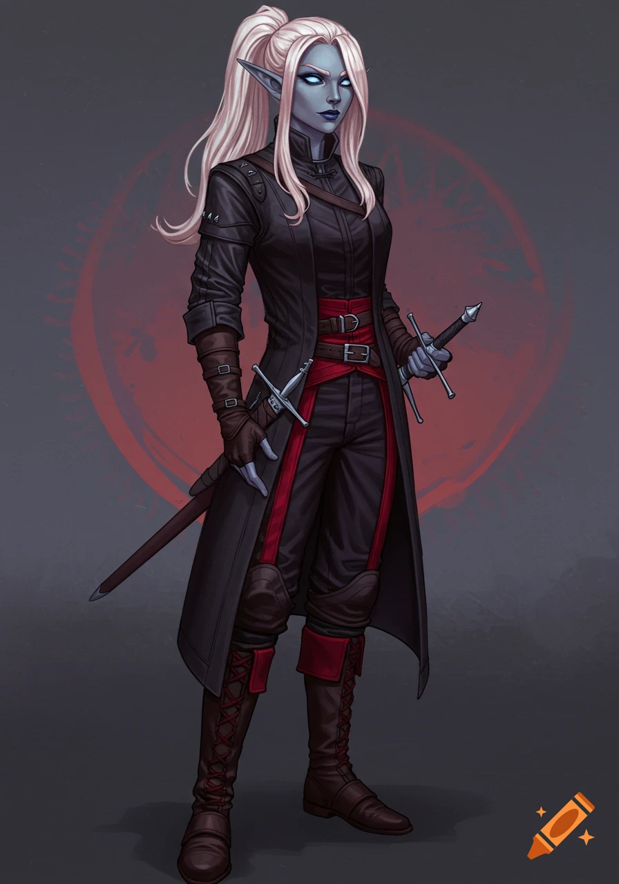 Full body illustration of a fantasy dark elf woman with white hair and blue eyes, wearing black and red gear and holding two swords.