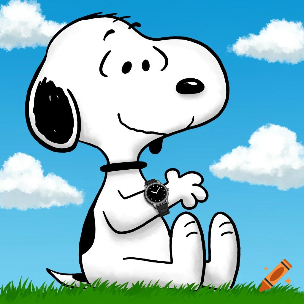 Cartoon of Snoopy sitting in grass wearing a watch on his paw under a blue sky.