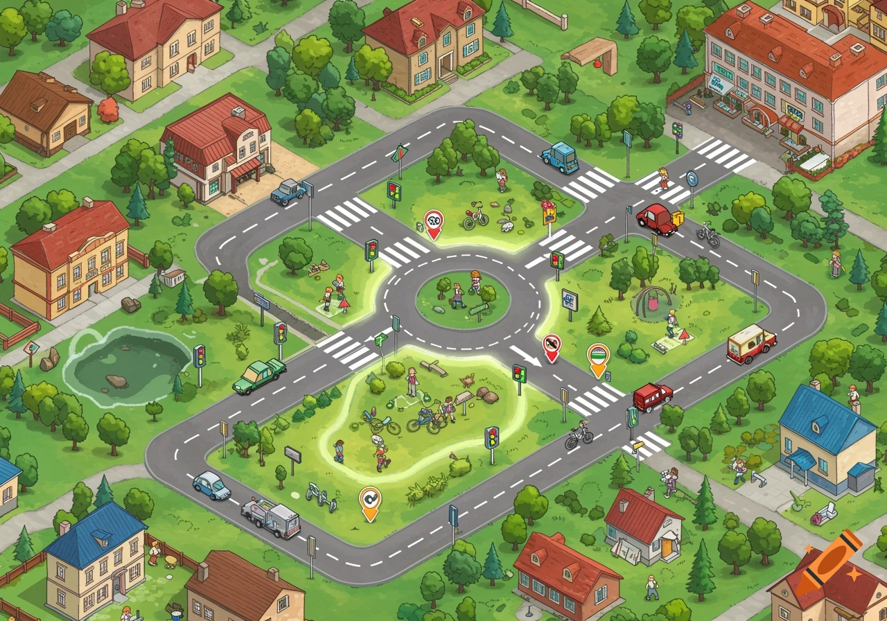 A bird's eye view cartoon map of a town with houses, roads, cars, people, and road safety signs.