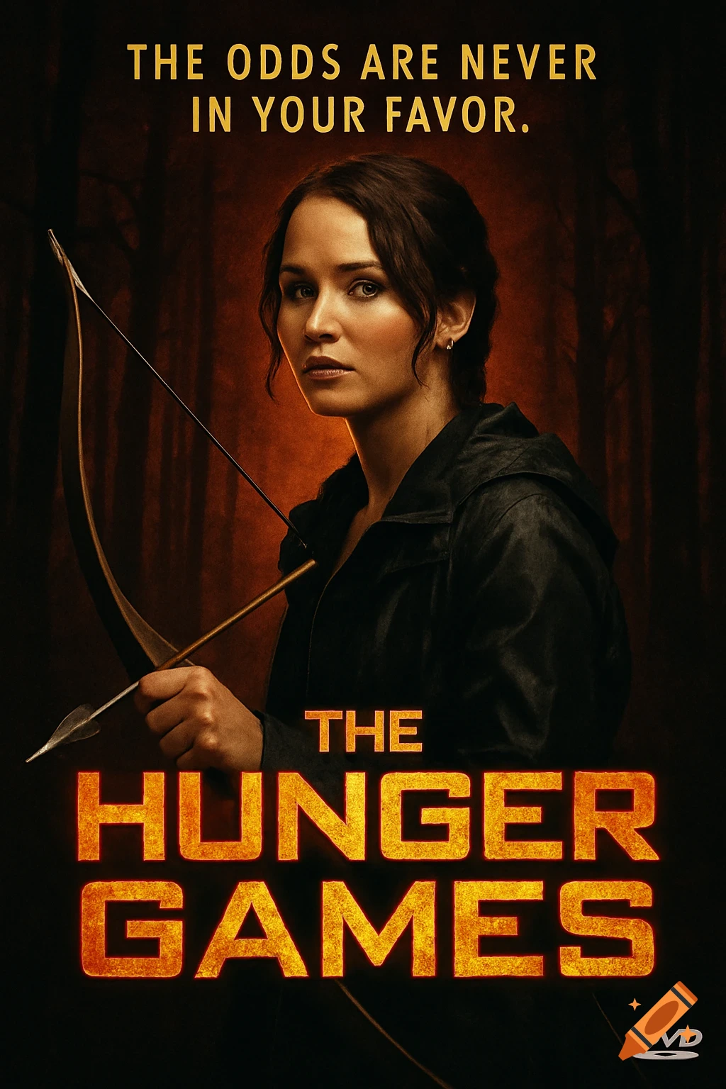 Woman with bow and arrow on a movie poster with titles and tagline.