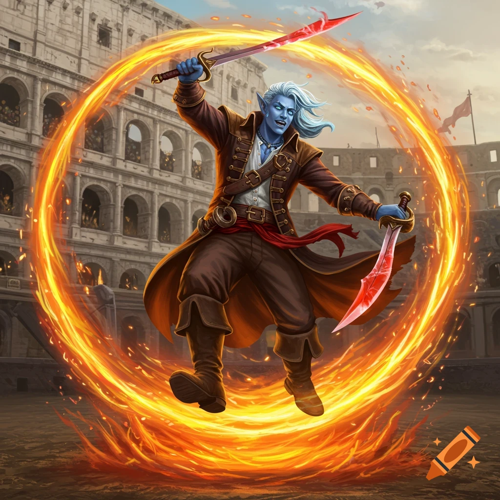 Blue-skinned elf pirate spins with swords in fire ring in a Colosseum.