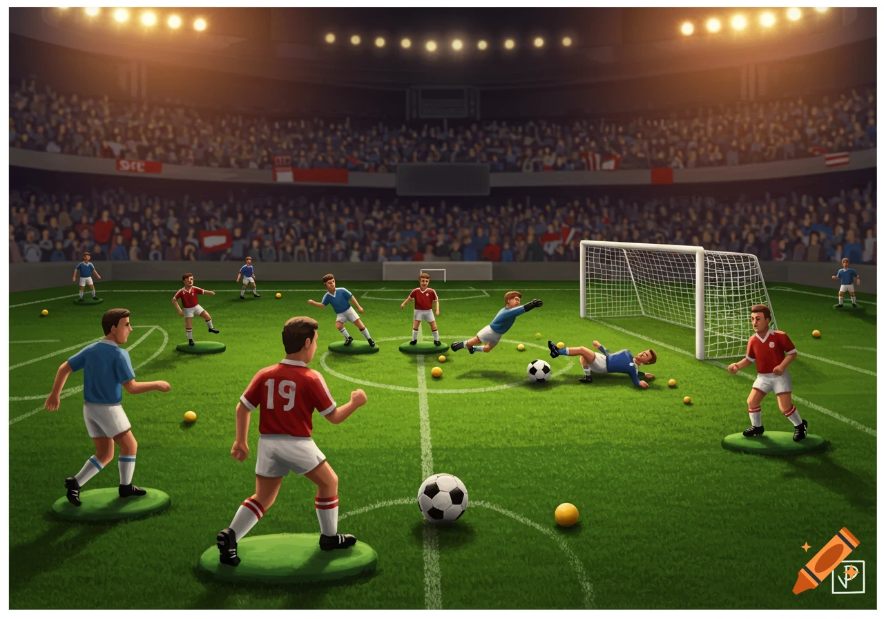 Miniature football game with players, a goal, and a crowd in a stadium.