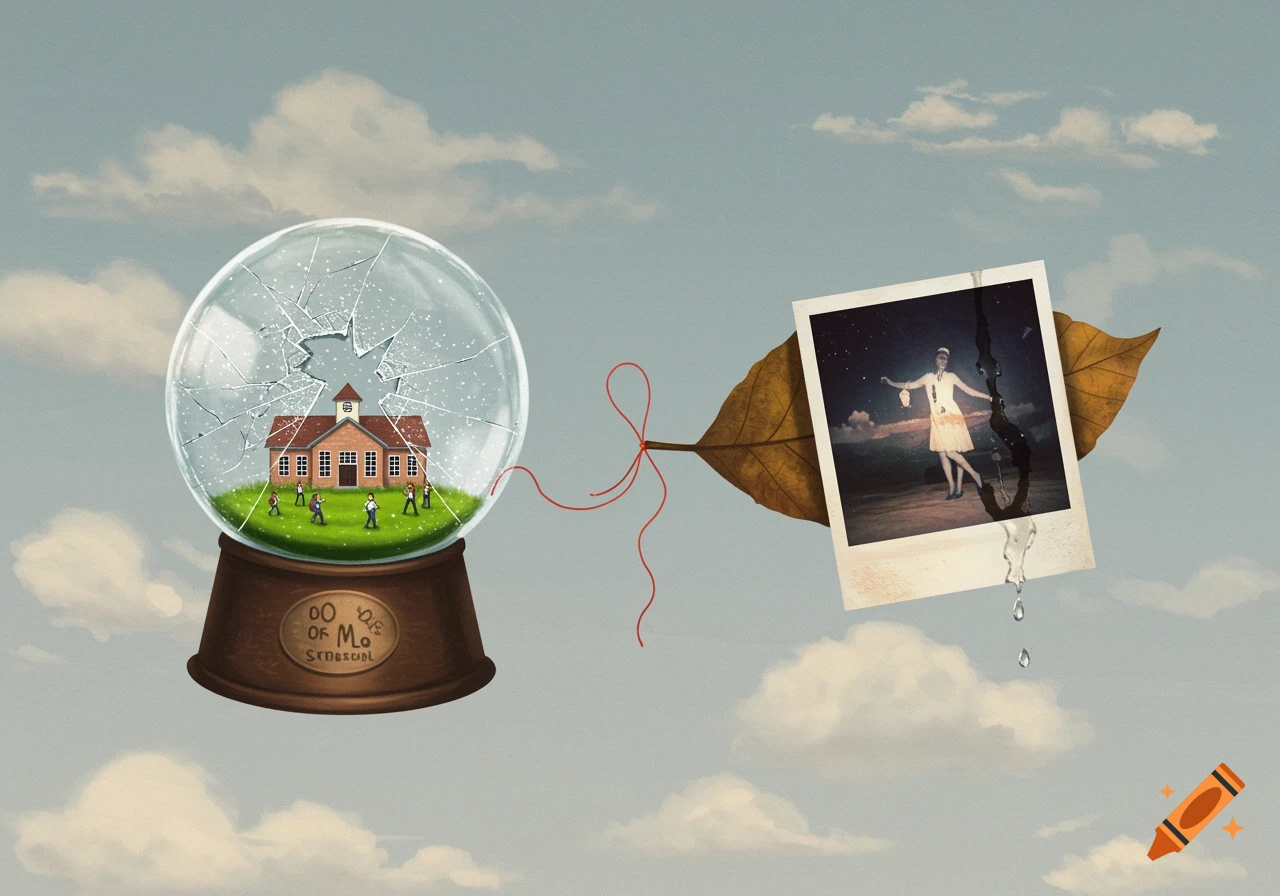 A cracked snow globe with a school inside, connected by a thread to a polaroid photo of a figure, against a cloudy sky.