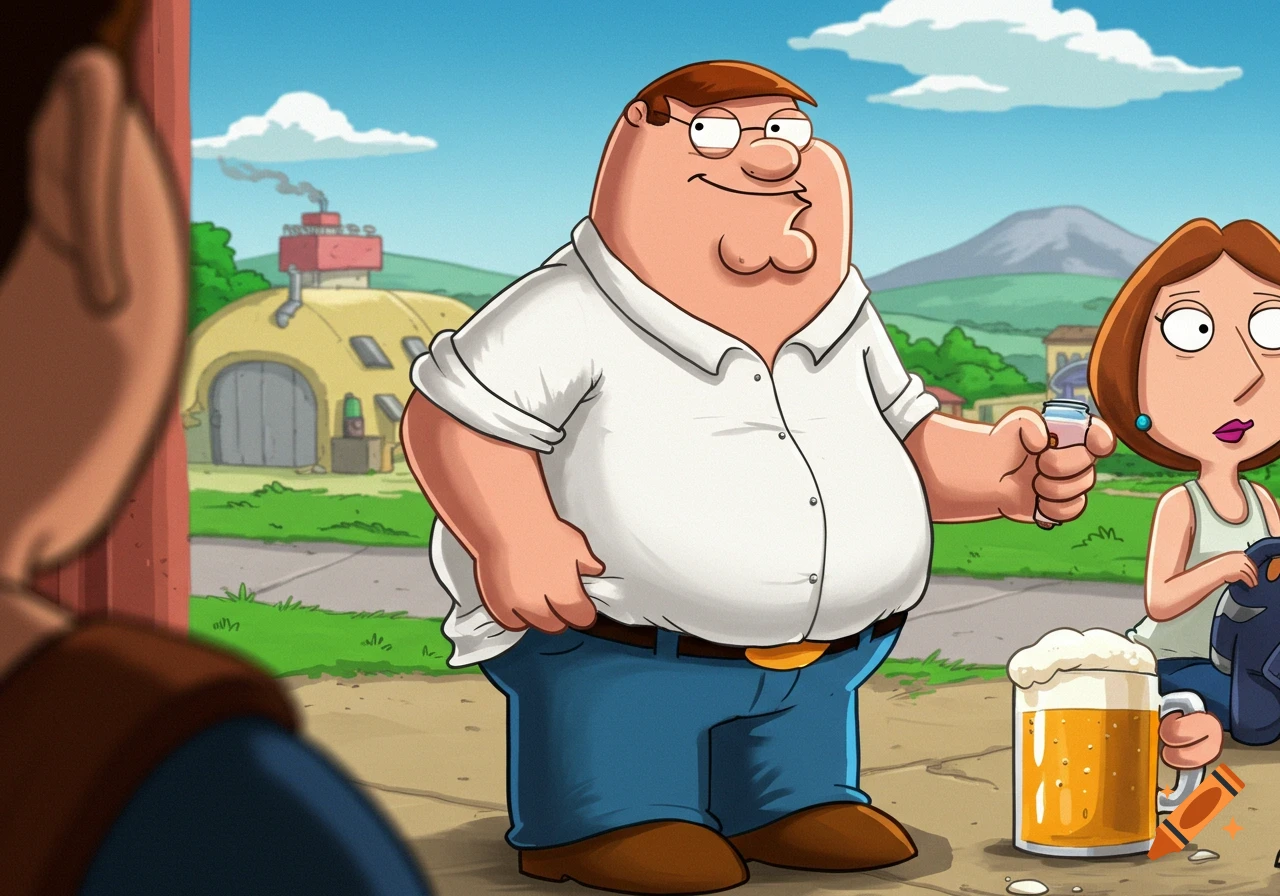 Peter Griffin and Lois Griffin outdoors with a beer mug in cartoon style