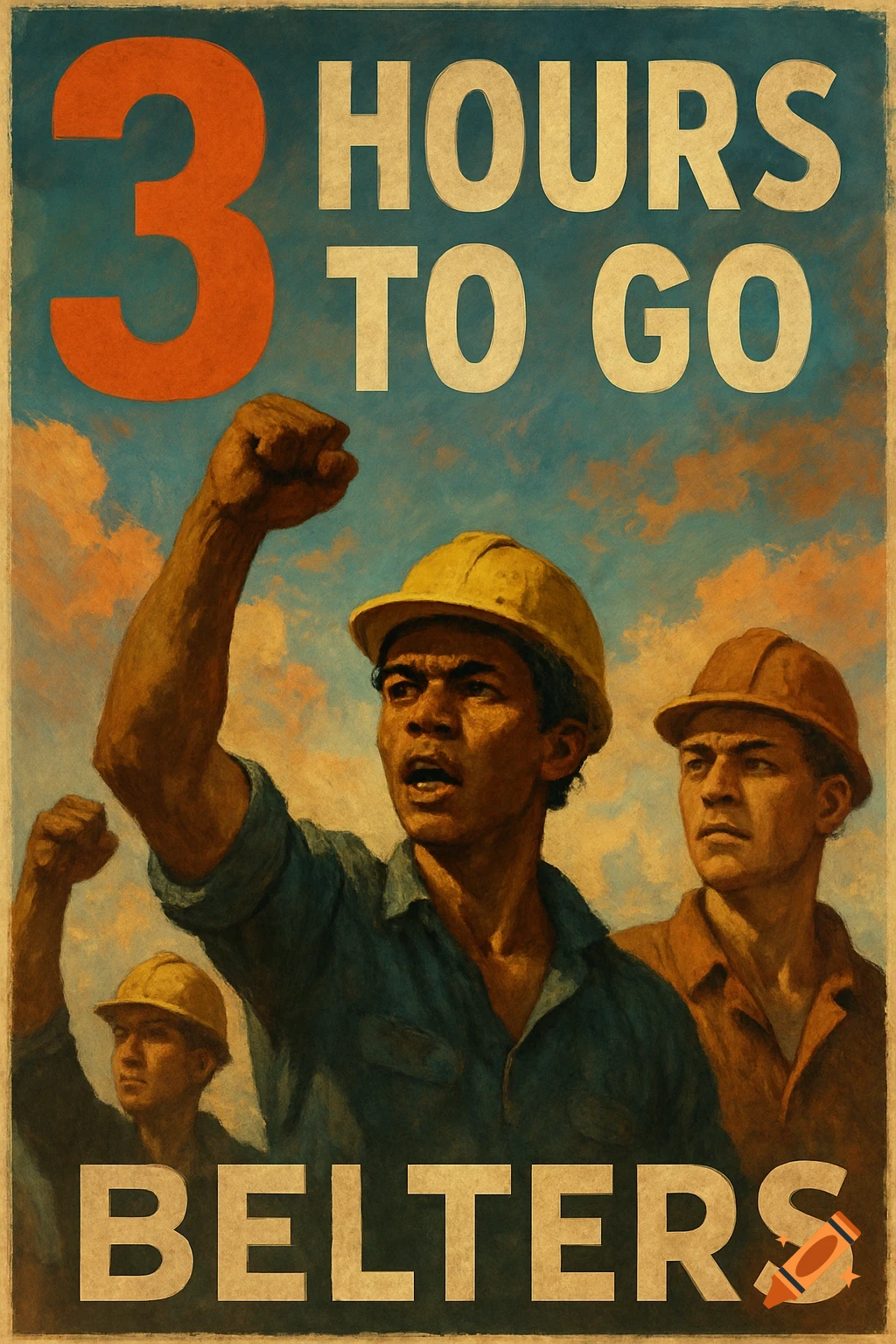 Propaganda poster style illustration of workers in hard hats with raised fists. Text reads "3 HOURS TO GO" and "BELTERS".