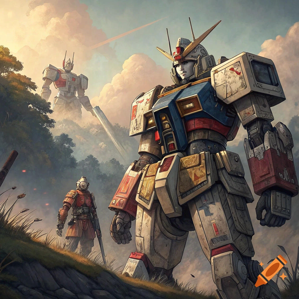 Giant robots stand on a hill with a samurai-like figure in the foreground, drawn in an anime art style.