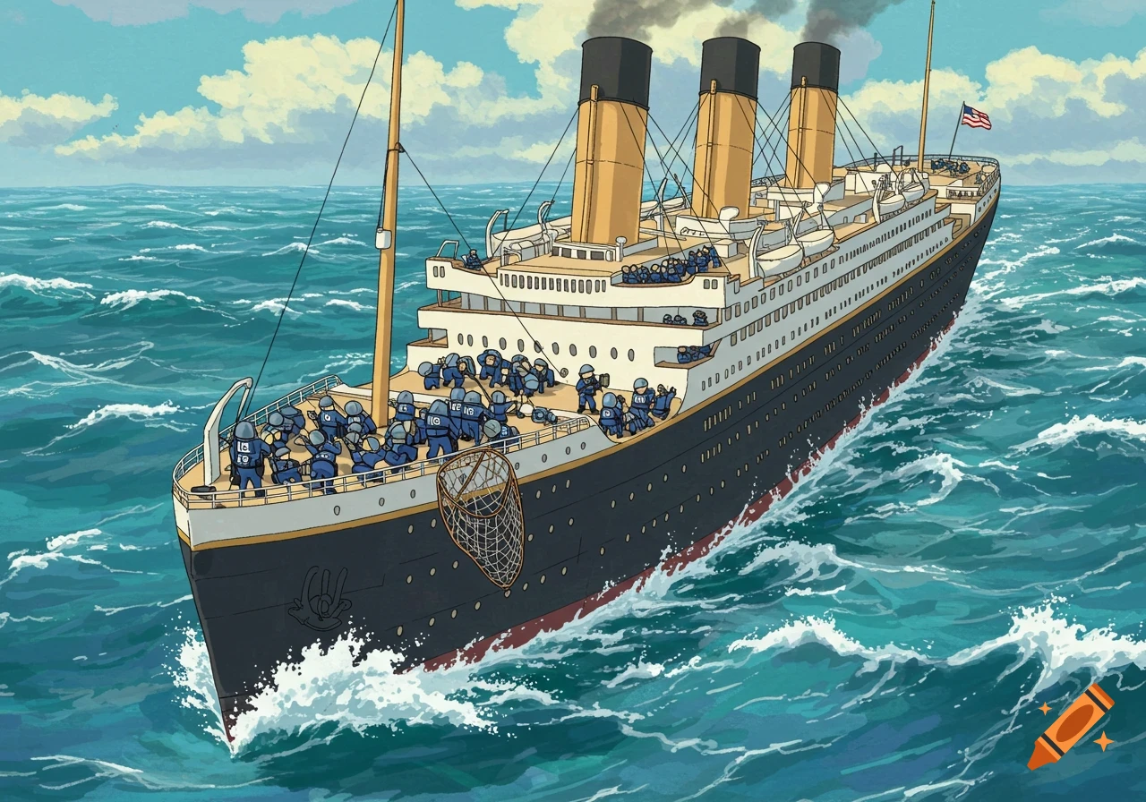 Ghibli style illustration of a large ship like the Titanic with many figures in tactical gear on deck.