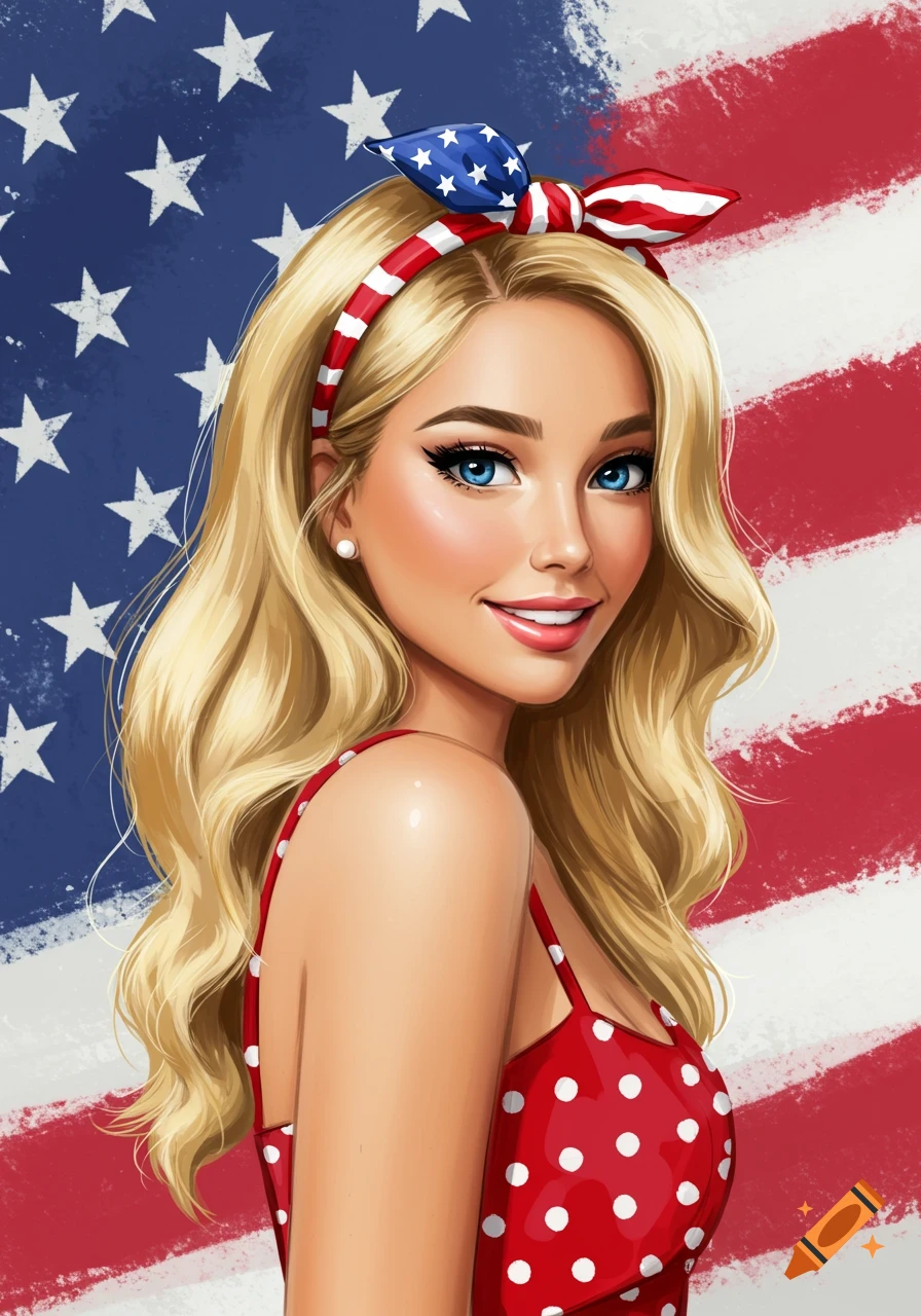 Portrait of a blonde woman with blue eyes wearing a red polka dot top and American flag headband against an American flag background.