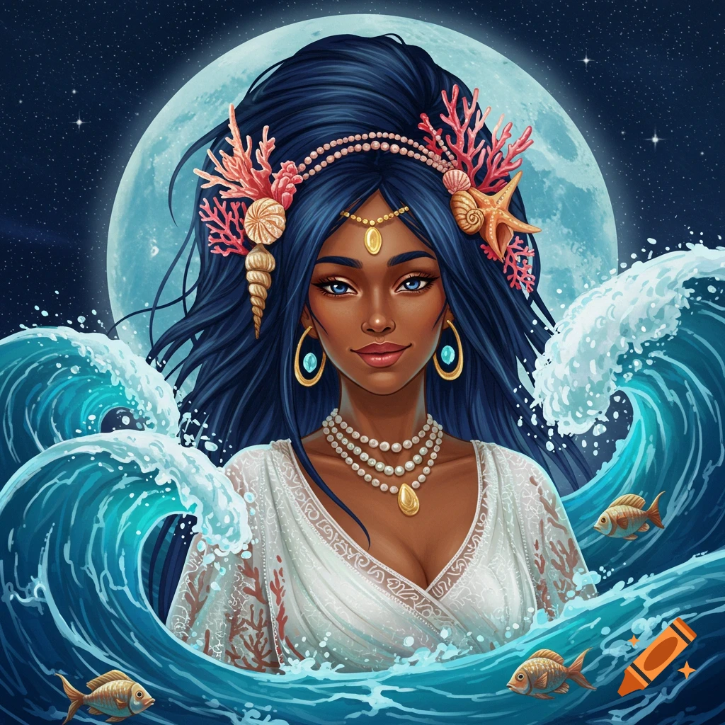 Stylized portrait of a woman with dark blue hair adorned with coral and shells, wearing pearls, surrounded by ocean waves and fish under a full moon and starry night sky.