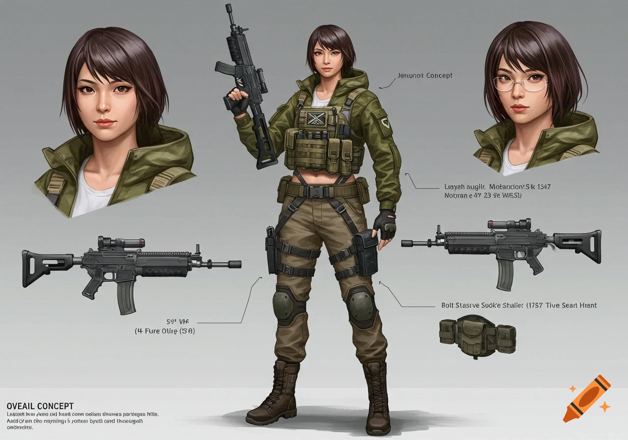 Concept art of a female character in tactical gear holding a rifle, with detail callouts.