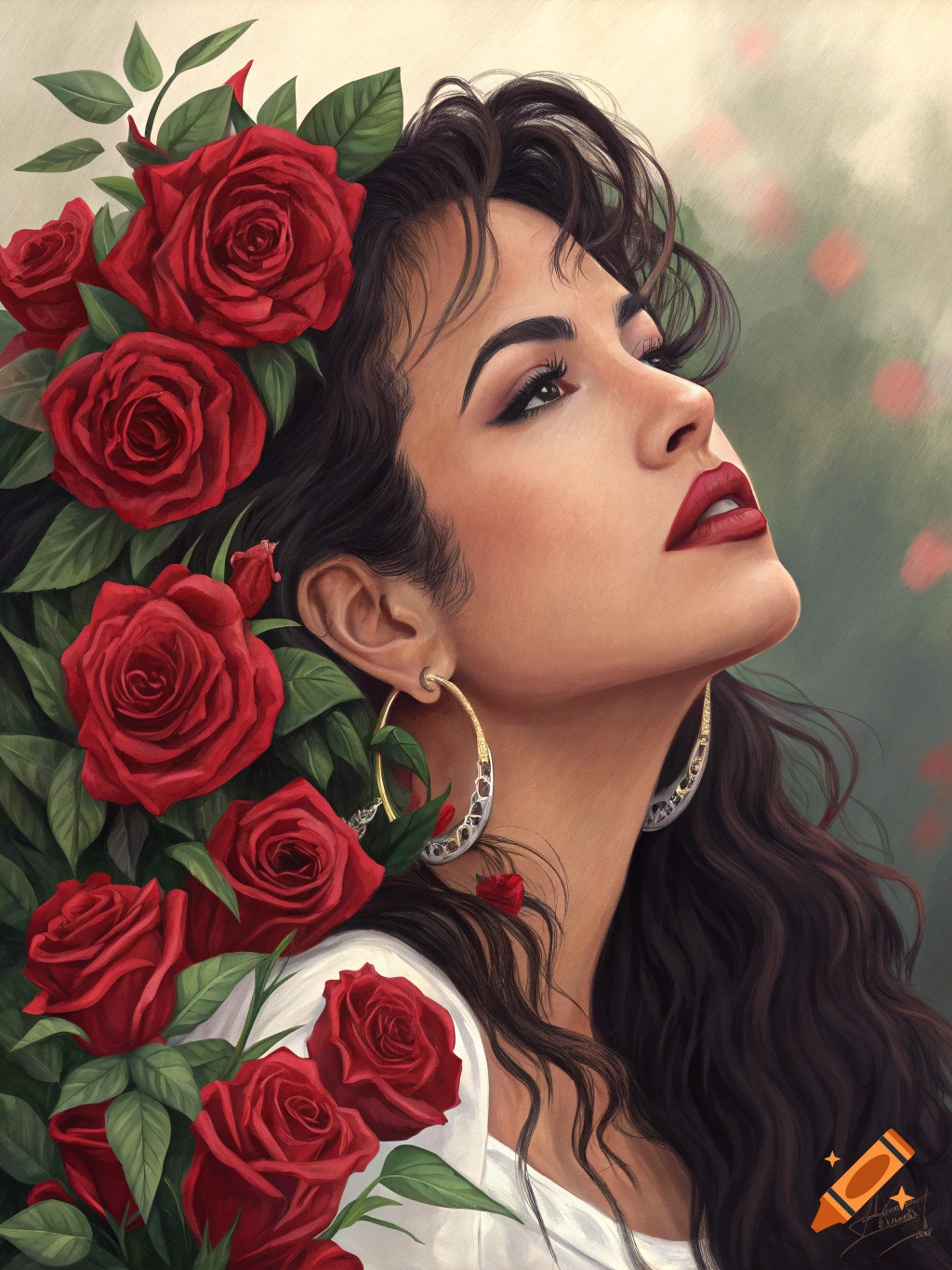 Artistic portrait of a woman with dark hair and red roses woven in it.