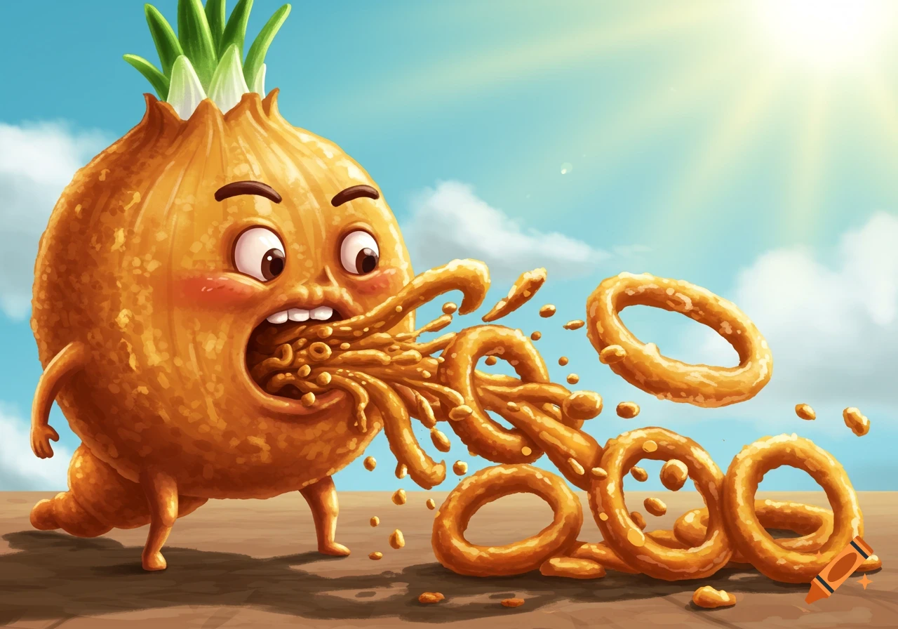 Cartoon onion character expelling onion rings from its mouth.