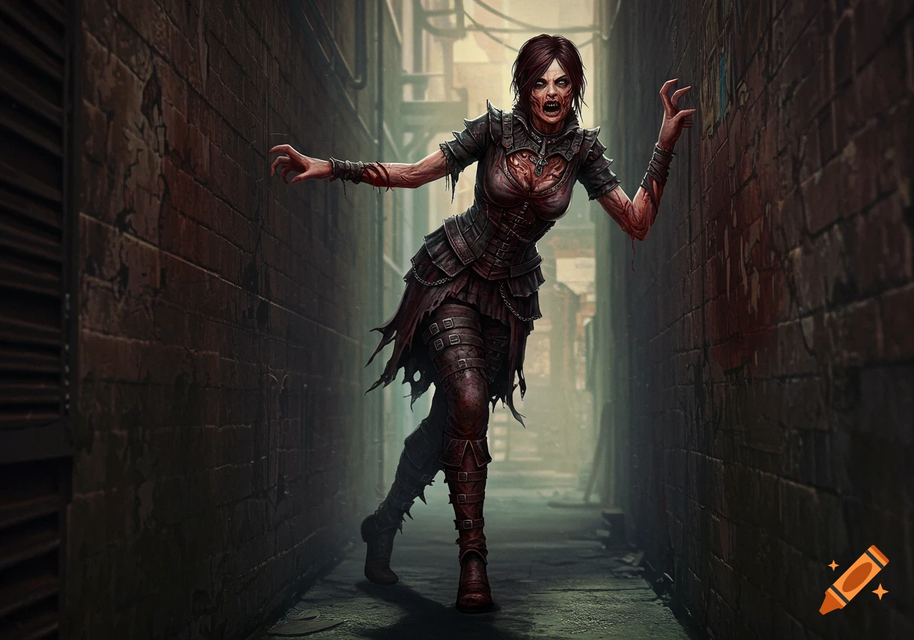 A zombie monster with red eyes and torn clothes stands in a dark alley.