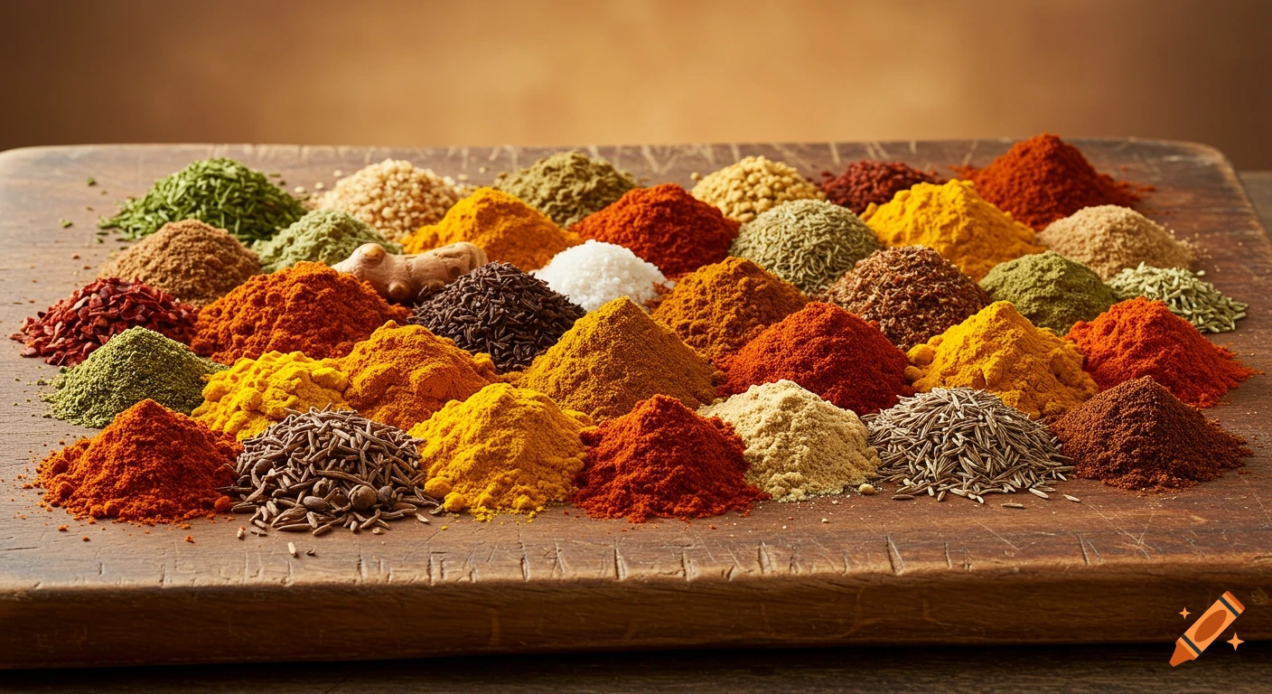 A close-up, photorealistic shot of various colorful spices in small piles on a wooden cutting board.