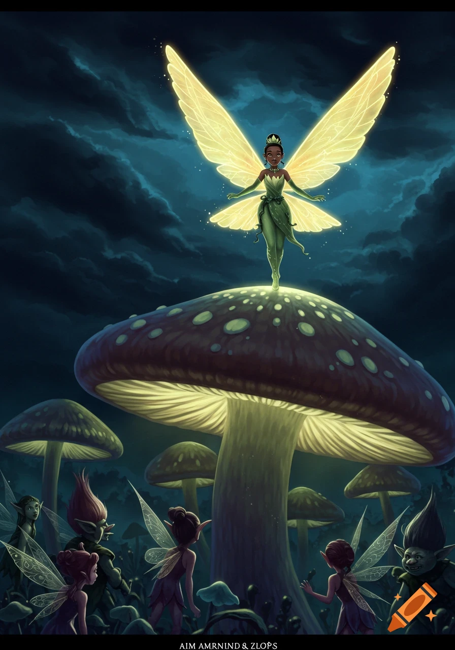 A fairy character with glowing wings stands on a large mushroom among other small fantasy creatures in a dark forest.