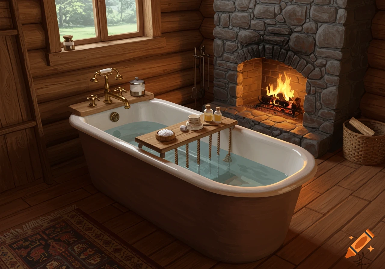 A bathtub in a rustic log cabin next to a crackling fireplace. A wooden bath tray with bath items sits over the water.
