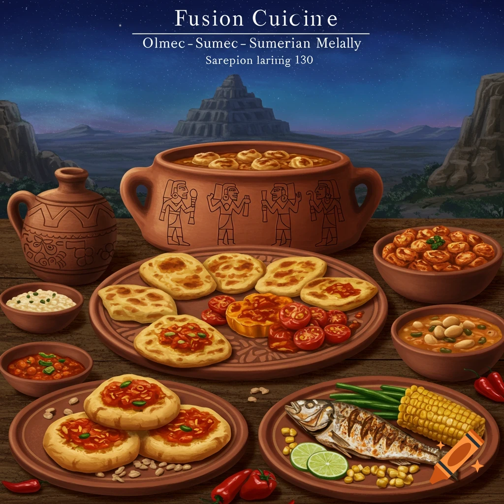 A table laden with ancient-style dishes: stew, flatbreads, grilled fish, vegetables, with a pyramid landscape behind.