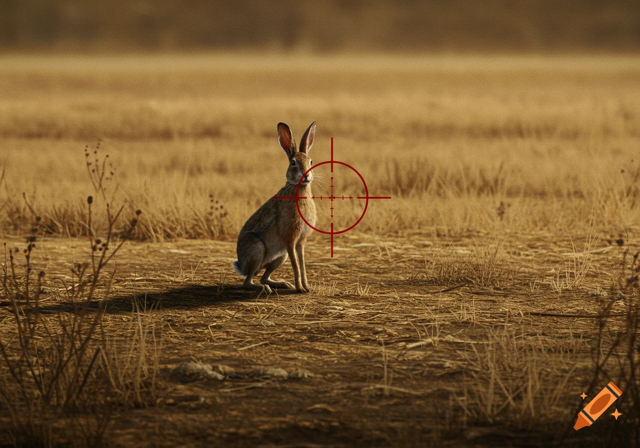 A rabbit sits in a dry field with a red crosshair centered on it, photorealistic.