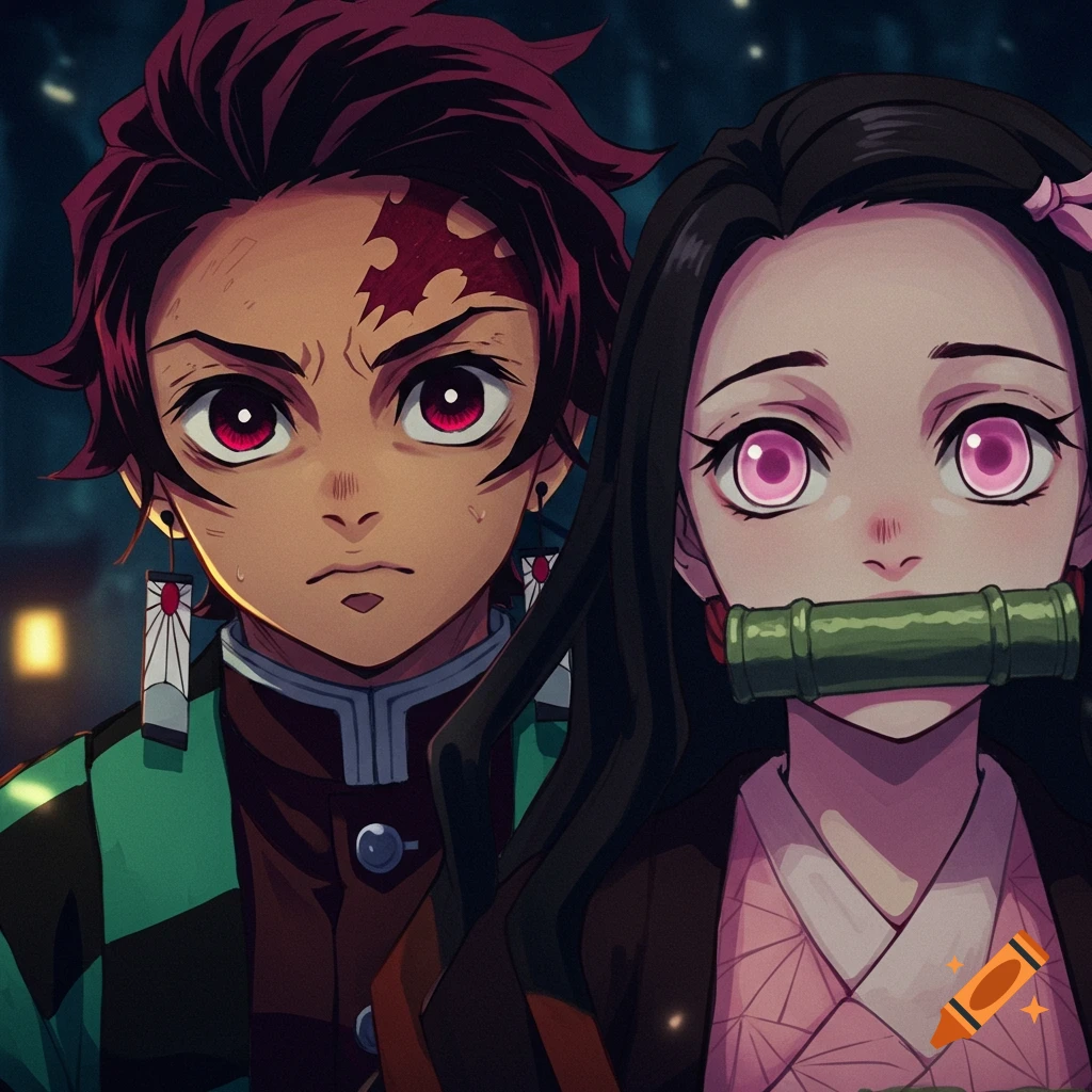 Anime illustration of Tanjiro and Nezuko from Demon Slayer in a night scene.