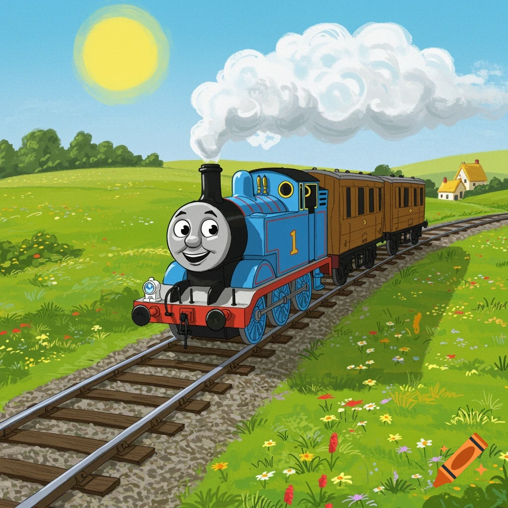 Illustration of Thomas the Tank Engine train on a track in a sunny, green field with wildflowers, hills, and houses.