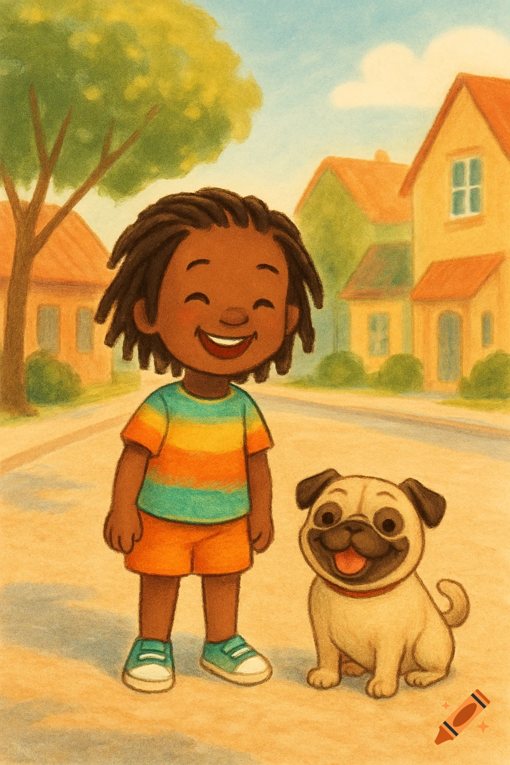 A smiling child and their pug dog stand on a sunny street in a town. Children's book illustration style.