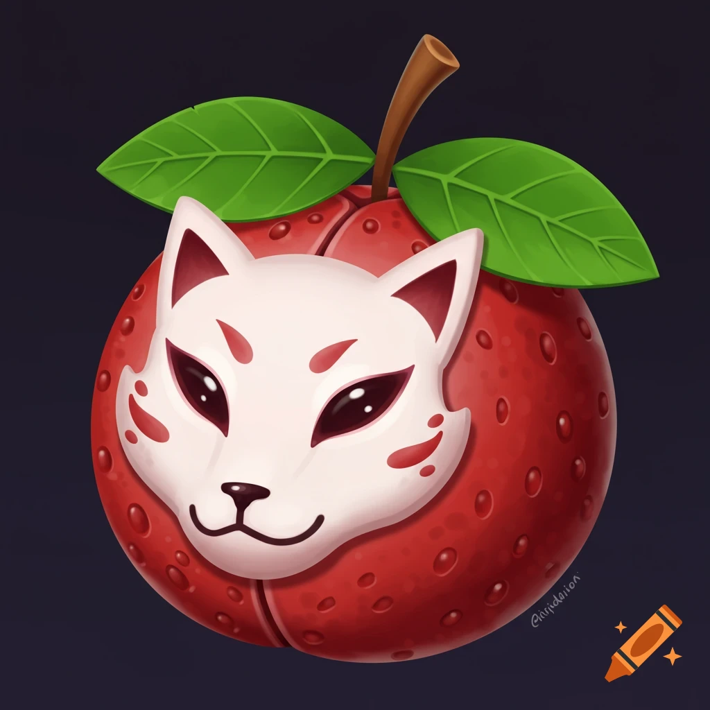Illustration of a red fruit with a white kitsune mask