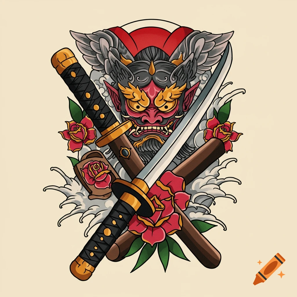 American colored tattoo of a red Oni mask with wings, crossed katanas, roses, and clouds