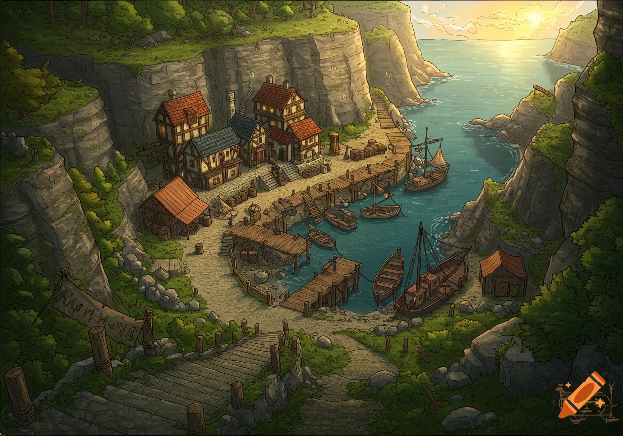 Illustrated fantasy map of a small coastal fishing village in a bay.