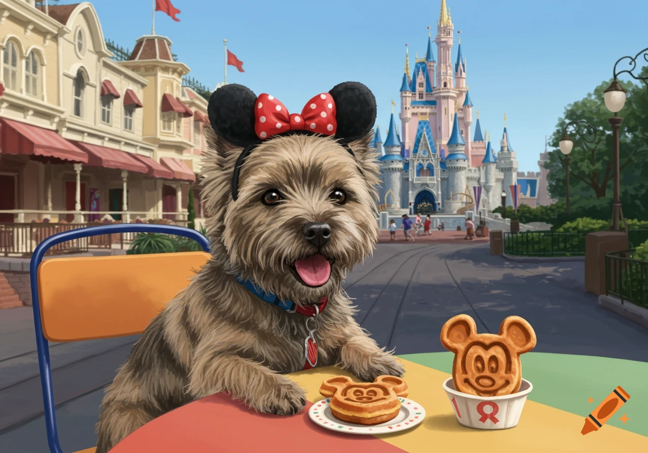 A dog with Minnie Mouse ears eats Mickey waffles at a table in front of a Disney-style castle.