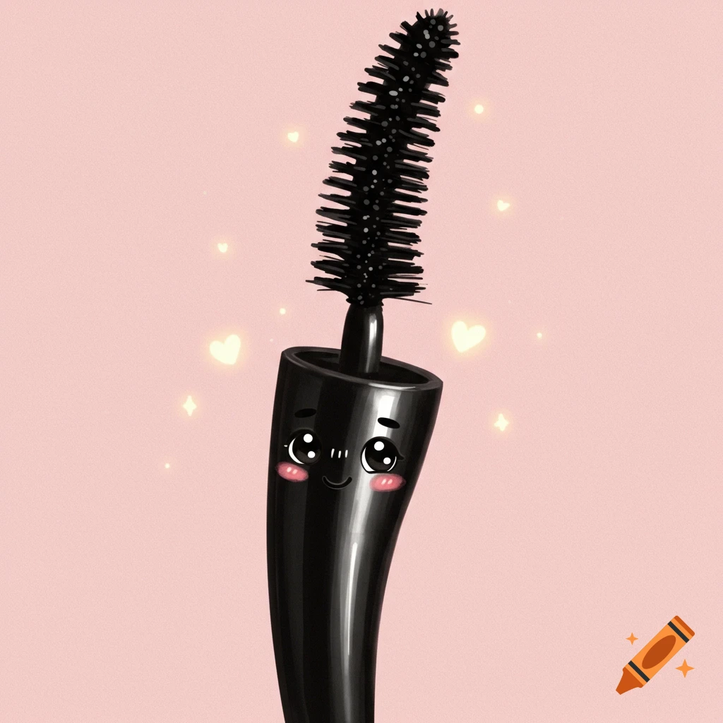A cute cartoon mascara brush with rosy cheeks and sparkling eyes, surrounded by hearts and sparkles, on a pink background.