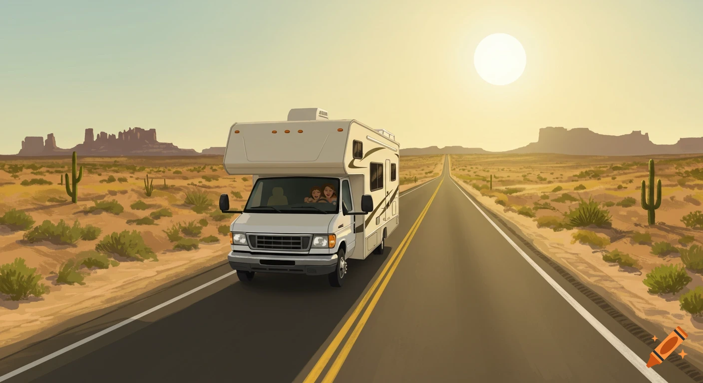 Illustrative RV driving on a desert highway towards mountains at sunset.