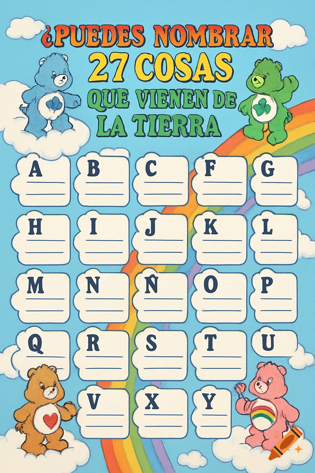 Care Bears themed worksheet with a rainbow, clouds, title text, and lettered boxes A through Y.