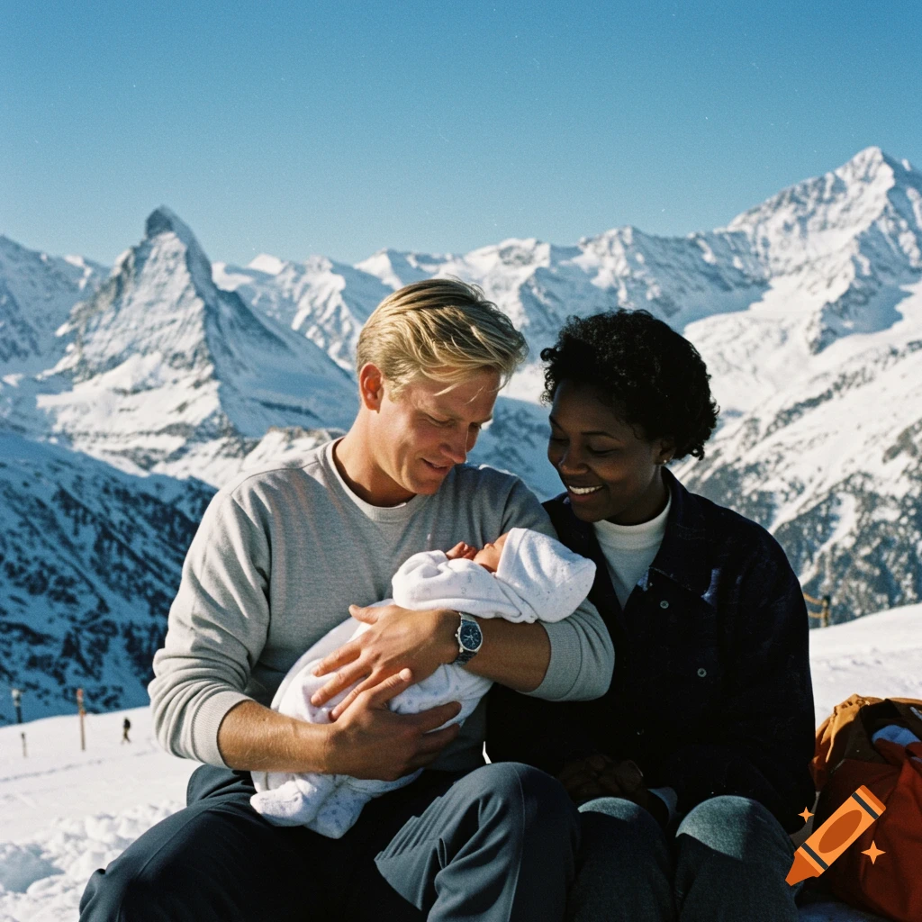 Family with baby in front of snowy mountains, photo.
