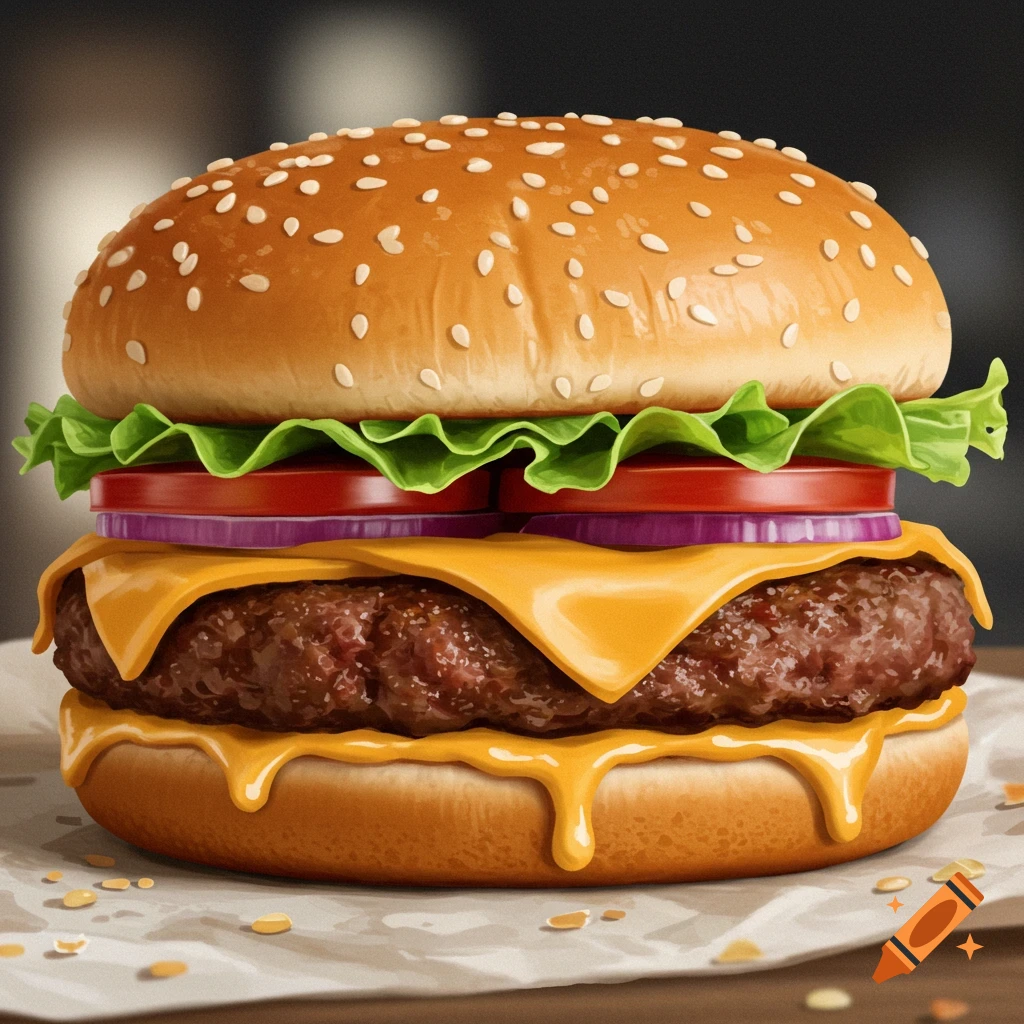 A close-up, photorealistic image of a juicy burger with lettuce, tomato, onion, and melted cheese on a sesame seed bun.