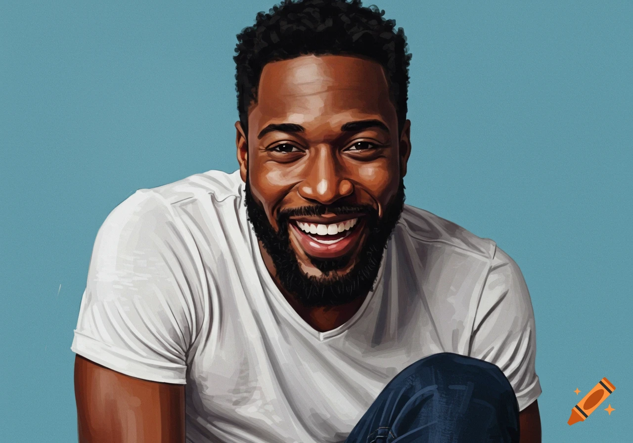 Smiling Black man in a white t-shirt against a blue background, artistic style.