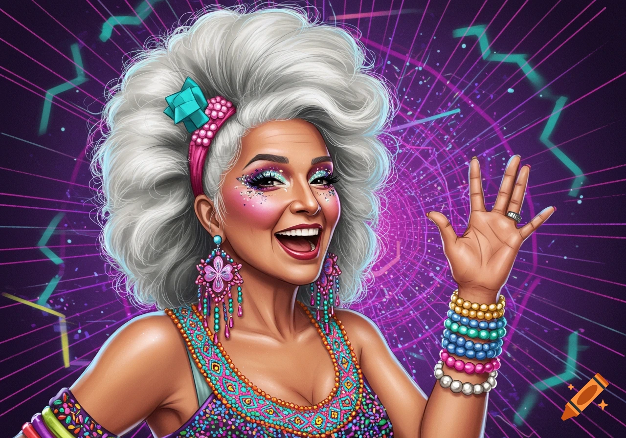 Smiling woman with big grey hair, colorful makeup, and beaded raver costume against a neon background.
