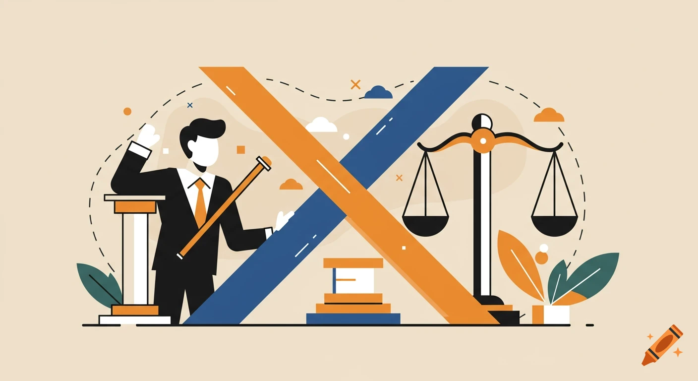 Flat vector illustration of a lawyer figure and a scale of justice.