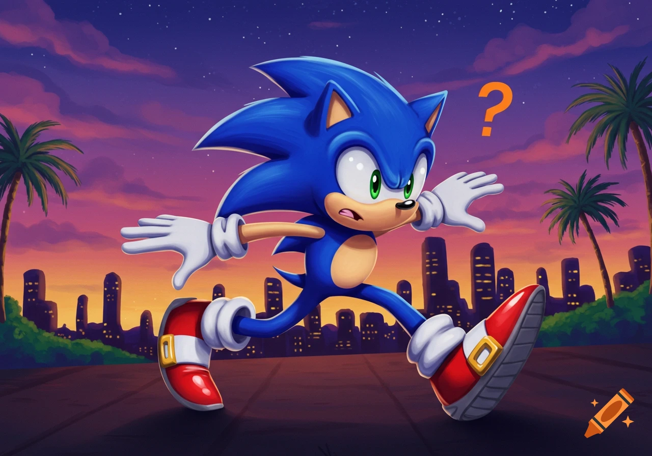 Sonic the Hedgehog running through a city landscape at sunset with a question mark