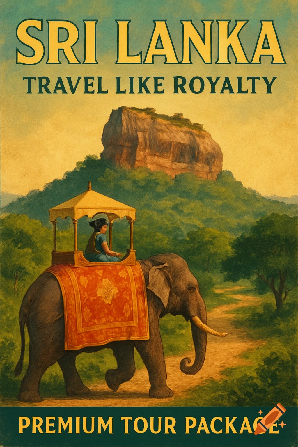 Vintage travel poster for Sri Lanka showing an elephant with rider and rock formation. Text reads 'SRI LANKA TRAVEL LIKE ROYALTY PREMIUM TOUR PACKAGE'.