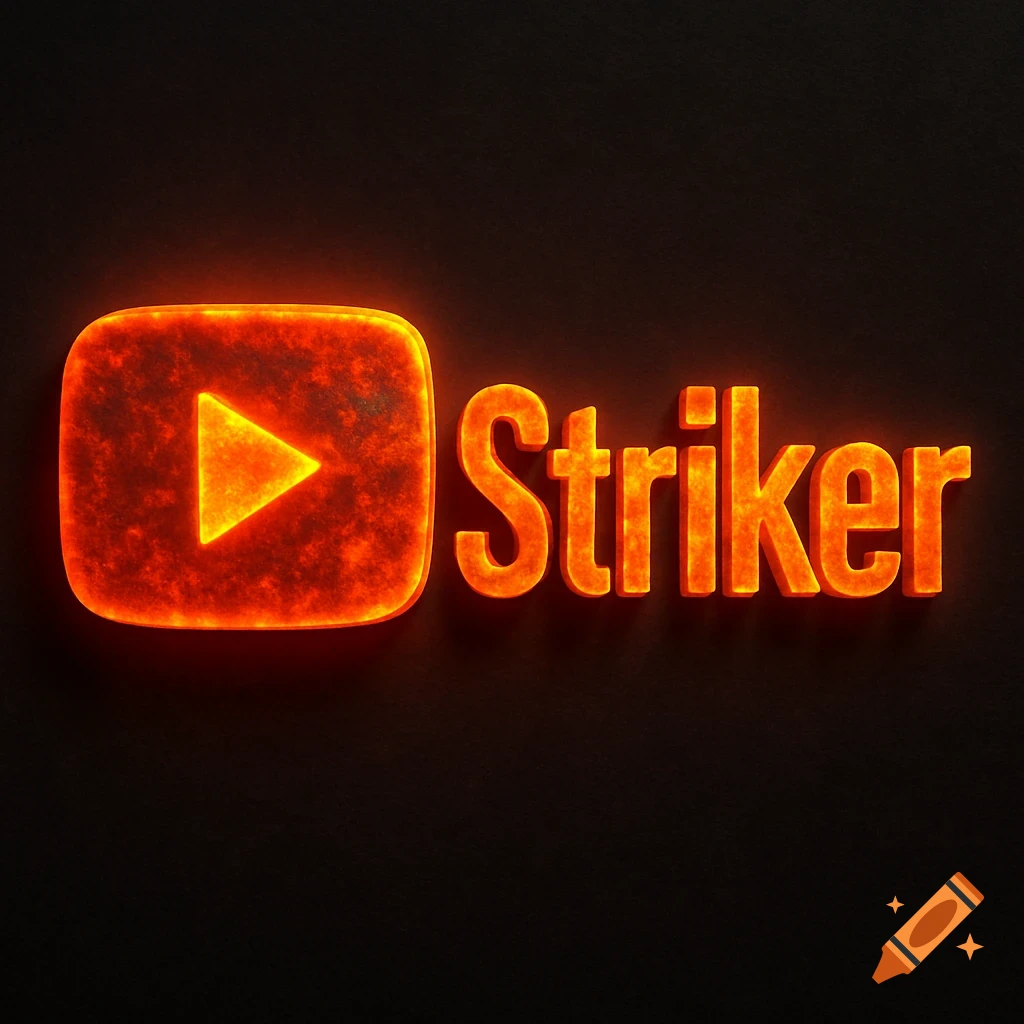 A glowing orange fiery logo with a play button icon next to the word Striker.