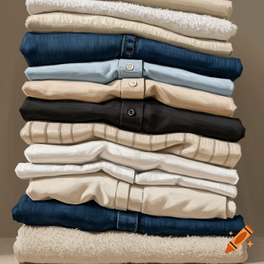 A stack of folded clothes and towels in a painted style.